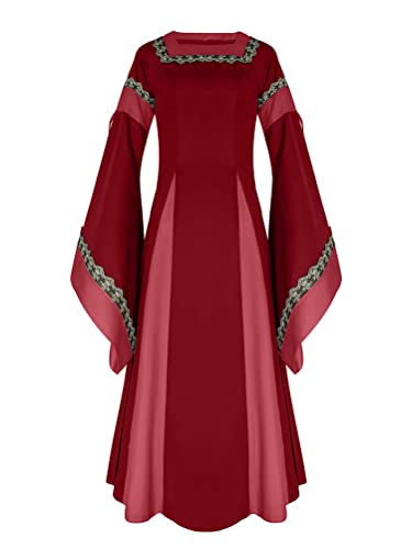 Onsoyours Damen Mittelalter Kleid Trompetenärmel Bodenlanges Retro Kostüm Gewand Gothic Renaissance Viktorianisches Prinzessin Kleidung Hexenkostüm D Rot XL von Onsoyours