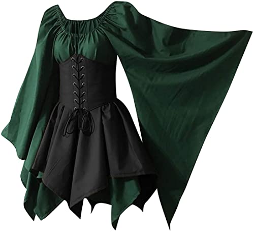 Onsoyours Damen Mittelalter Kleid mit Trompetenärmel Gebunden Taille Gothic Retro Midi Kleid Renaissance Cosplay Kostüm Kleid Karneval Halloween Party B Grün 01 XS von Onsoyours