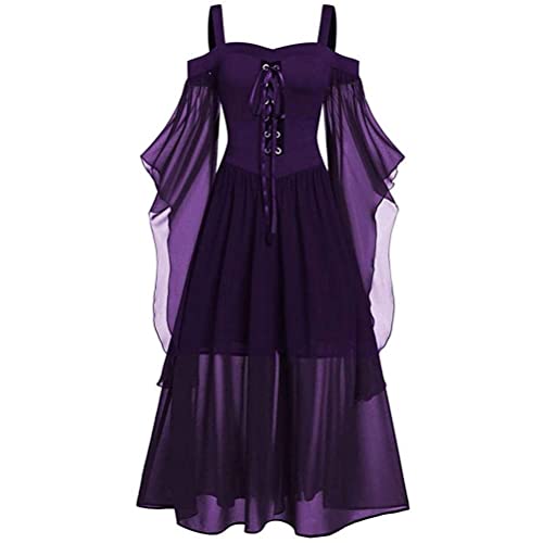 Onsoyours Damen Mittelalter Kleid mit Trompetenärmel Gebunden Taille Gothic Retro Midi Kleid Renaissance Cosplay Kostüm Kleid Karneval Halloween Party C Violett 01 L von Onsoyours