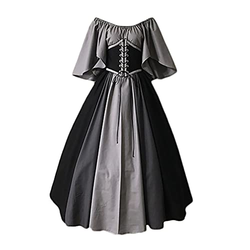 Onsoyours Damen Mittelalterliche Kleid Kurzarm Schnürung Mittelalter Ballkleider Retro Halloween Party Cosplay Kostüm Maxikleid Grau XS von Onsoyours