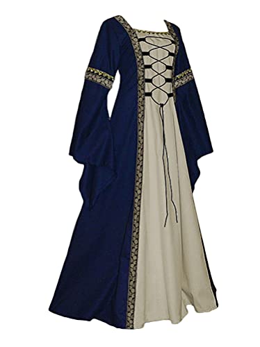 Onsoyours Damen Mittelalterliche Kleid mit Trompetenärmel Mittelalter Langarm Schnürung Ballkleider Retro Halloween Party Cosplay Kostüm Maxikleid Dunkelblau S von Onsoyours