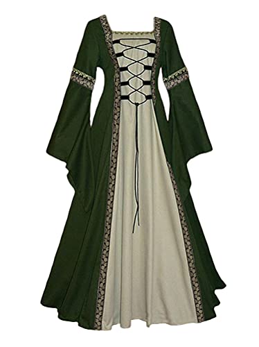 Onsoyours Damen Mittelalterliche Kleid mit Trompetenärmel Mittelalter Langarm Schnürung Ballkleider Retro Halloween Party Cosplay Kostüm Maxikleid Grün 3XL von Onsoyours