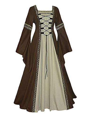 Onsoyours Damen Mittelalterliche Kleid mit Trompetenärmel Mittelalter Langarm Schnürung Ballkleider Retro Halloween Party Cosplay Kostüm Maxikleid Kaffee 3XL von Onsoyours