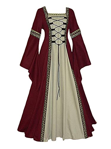 Onsoyours Damen Mittelalterliche Kleid mit Trompetenärmel Mittelalter Langarm Schnürung Ballkleider Retro Halloween Party Cosplay Kostüm Maxikleid Rot XXL von Onsoyours