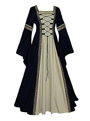 Onsoyours Damen Mittelalterliche Kleid mit Trompetenärmel Mittelalter Langarm Schnürung Ballkleider Retro Halloween Party Cosplay Kostüm Maxikleid Schwarz S von Onsoyours