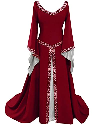 Onsoyours Damen Mittelalterliche Kleid mit Trompetenärmel Mittelalter Party Kostüm Maxikleid C Rot L von Onsoyours