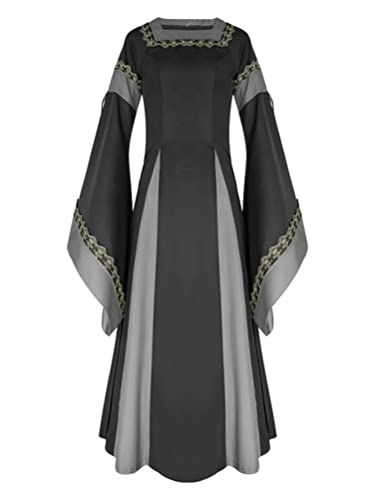 Onsoyours Damen Mittelalterliche Kleid mit Trompetenärmel Mittelalter Party Kostüm Maxikleid D Schwarz L von Onsoyours