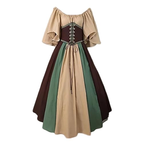 Onsoyours Damen Mittelalterliche Kleid Kurzarm Schnürung Mittelalter Ballkleider Retro Halloween Party Cosplay Kostüm Maxikleid Kaffee L von Onsoyours