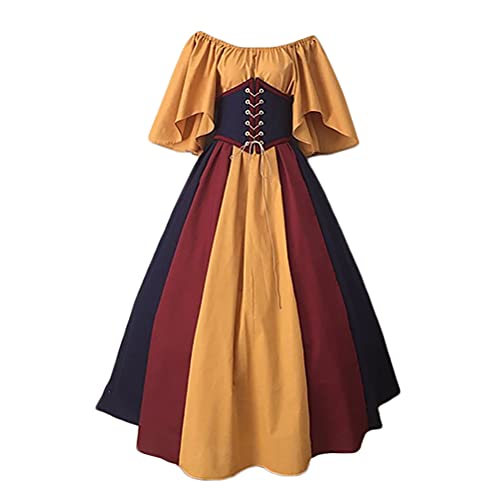 Onsoyours Damen Mittelalterliche Kleid Kurzarm Schnürung Mittelalter Ballkleider Retro Halloween Party Cosplay Kostüm Maxikleid Gelb XXL von Onsoyours