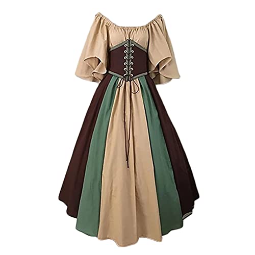 Onsoyours Damen Mittelalterliche Vintage Kleid Kurzarm Schnürung Mittelalter Ballkleider Maskerade Retro Halloween Party Cosplay Kostüm Maxikleid Kaffee XS von Onsoyours