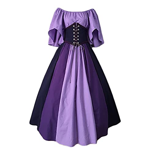 Onsoyours Damen Mittelalterliche Vintage Kleid Kurzarm Schnürung Mittelalter Ballkleider Maskerade Retro Halloween Party Cosplay Kostüm Maxikleid Violett S von Onsoyours