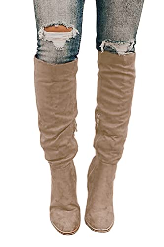 Onsoyours Damen Mode Overknee Stiefel Warme Elegante Seite Zipper Herbst Winter Langschaft Boots mit Blockabsatz A Beige 42 EU von Onsoyours