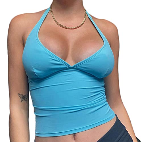 Onsoyours Damen Neckholder Top Bauchfrei Oberteil Rückenfrei Tops Cropped Camisole Tanktop Ärmellos Sexy Oberteil mit V-Ausschnitt A Blau L von Onsoyours