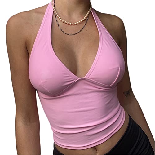 Onsoyours Damen Neckholder Top Bauchfrei Oberteil Rückenfrei Tops Cropped Camisole Tanktop Ärmellos Sexy Oberteil mit V-Ausschnitt A Rosa L von Onsoyours