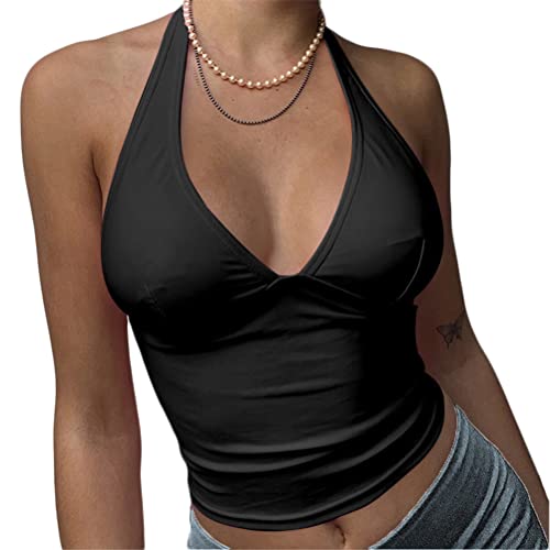 Onsoyours Damen Neckholder Top Bauchfrei Oberteil Rückenfrei Tops Cropped Camisole Tanktop Ärmellos Sexy Oberteil mit V-Ausschnitt A Schwarz L von Onsoyours