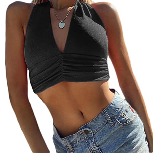 Onsoyours Damen Neckholder Top Bauchfrei Oberteil Rückenfrei Tops Cropped Camisole Tanktop Ärmellos Sexy Oberteil mit V-Ausschnitt B Schwarz S von Onsoyours