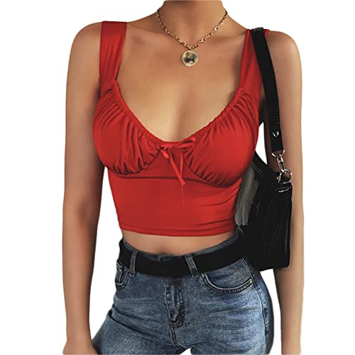 Onsoyours Damen Neckholder Top Bauchfrei Oberteil Rückenfrei Tops Cropped Camisole Tanktop Ärmellos Sexy Oberteil mit V-Ausschnitt D Rot L von Onsoyours