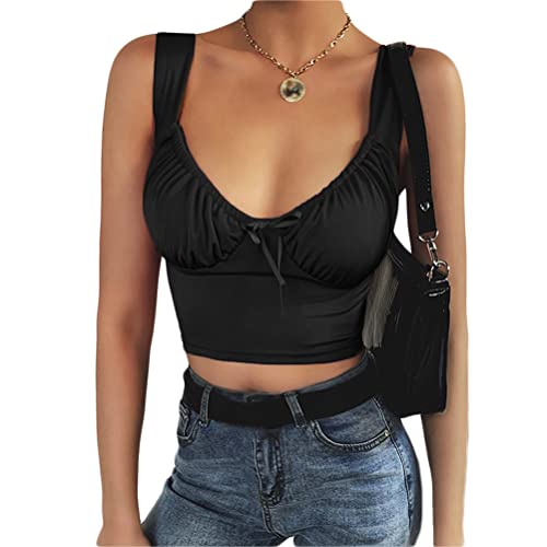 Onsoyours Damen Neckholder Top Bauchfrei Oberteil Rückenfrei Tops Cropped Camisole Tanktop Ärmellos Sexy Oberteil mit V-Ausschnitt D Schwarz S von Onsoyours