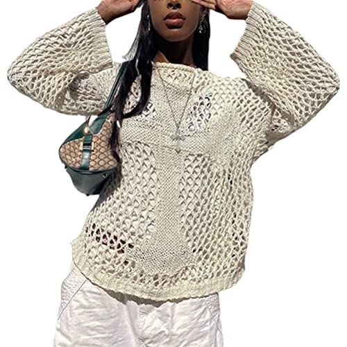 Onsoyours Damen Netzoberteil Langarm Crop Top Sexy Transparent Netz Top Party Oberteile Clubwear Bluse Y2K Streetwear B Beige L von Onsoyours