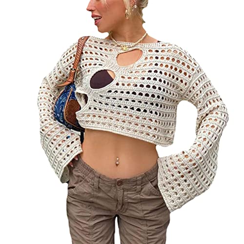 Onsoyours Damen Netzoberteil Langarm Crop Top Sexy Transparent Netz Top Rundhals Party Oberteile Clubwear Bluse Y2K Streetwear A Beige XS von Onsoyours