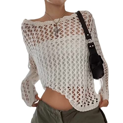 Onsoyours Damen Netzoberteil Langarm Crop Top Sexy Transparent Netz Top Rundhals Party Oberteile Clubwear Bluse Y2K Streetwear C Beige M von Onsoyours