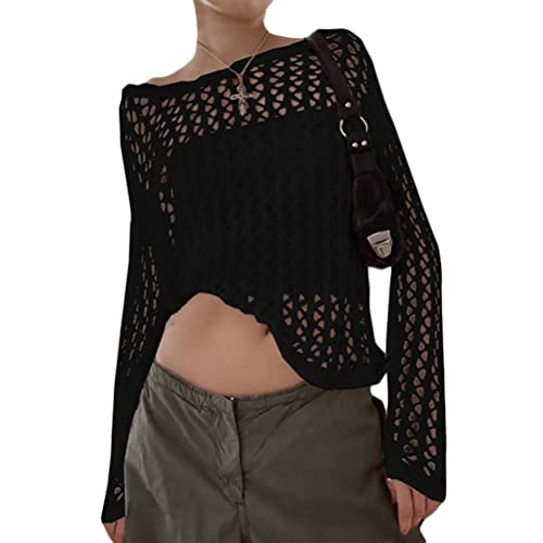 Onsoyours Damen Netzoberteil Langarm Crop Top Sexy Transparent Netz Top Rundhals Party Oberteile Clubwear Bluse Y2K Streetwear C Schwarz S von Onsoyours