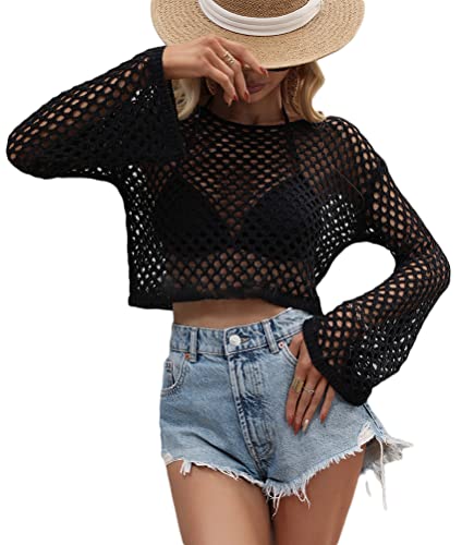 Onsoyours Damen Netzoberteil Langarm Crop Top Sexy Transparent Netz Top Rundhals Party Oberteile Clubwear Bluse Y2K Streetwear I Schwarz L von Onsoyours