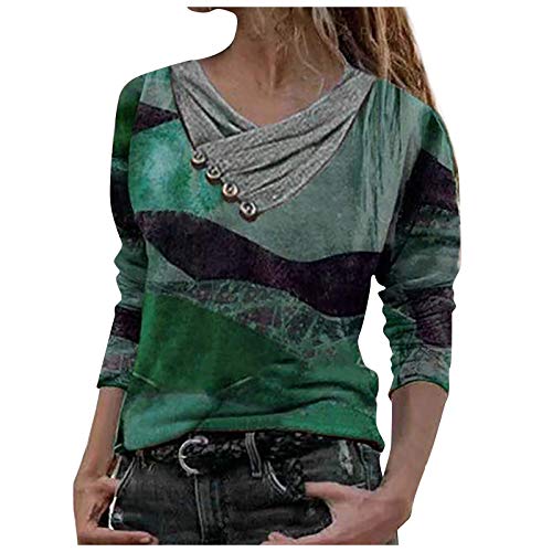 Onsoyours Damen Oberteile Pulli Langarmshirt Tshirt Asymmetrisch Rundhals Ausschnitt Sweatshirt Lose Jumper Patchwork B Grün 2XL von Onsoyours