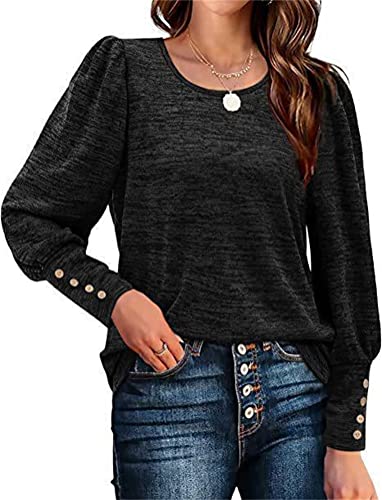 Onsoyours Damen Oberteile Rundhals Langarm Puffärmel Freizeit Tunika Lässige Elegant Lose Einfarbig Langarmshirt Bluse Tops mit Button A Schwarz M von Onsoyours