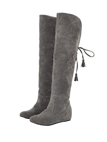 Onsoyours Damen Overknee Stiefel Einfarbig Stretchstiefel Lederstiefel Ritterstiefel Schlupfstiefel Herbst Winter Rutschfeste Innenkeil Stiefel Boots A Grau 38 EU von Onsoyours