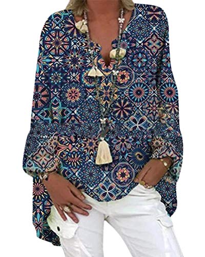 Onsoyours Damen Oversize Leinenbluse Elegant Schmetterling Druck Shirt Bluse Leinen V-Ausschnitt Longshirt Oberteile Tunika Lose Lang Tops Lang Hemd Dunkelblau XXL von Onsoyours