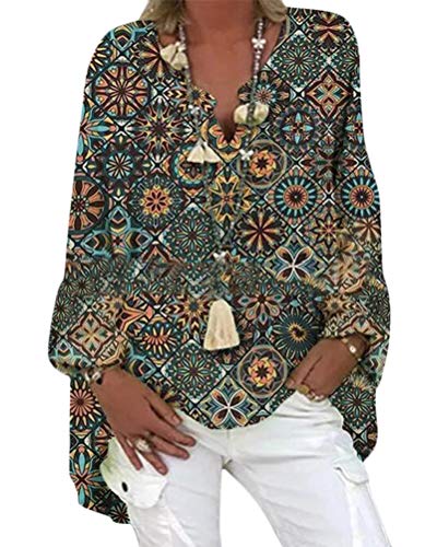 Onsoyours Damen Oversize Leinenbluse Elegant Schmetterling Druck Shirt Bluse Leinen V-Ausschnitt Longshirt Oberteile Tunika Lose Lang Tops Lang Hemd Khaki XXL von Onsoyours