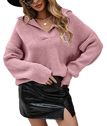 Onsoyours Damen Oversize Strickpullover Lässiger Farbblock V-Ausschnitt Flauschig Strickpulli Langärmeligem Strick Sweater Sweatshirt Oberteile Herbst Winter Rosa XL von Onsoyours