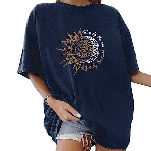 Onsoyours Damen Oversized Tshirt Kurzarm Sommer Oberteile Vintage Lose Bluse Rundhals Top Mädchen Teenager C Blau 3XL von Onsoyours