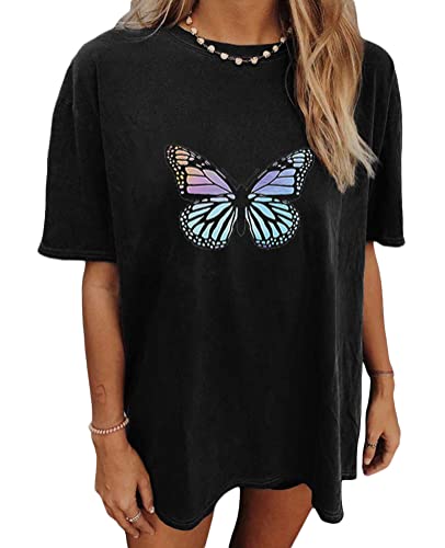 Onsoyours Damen Oversized Tshirt Kurzarm Sommer Oberteile Vintage Lose Bluse Rundhals Top Mädchen Teenager C Schwarz01 3XL von Onsoyours