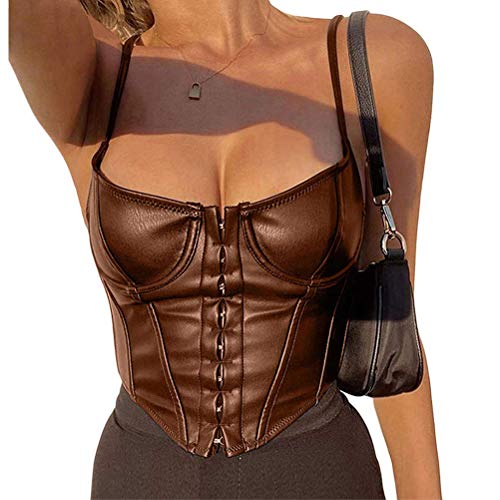 Onsoyours Damen PU Leder Crop Top Schnüren Spaghettiträger Bustier Korsett Unterbrust Taille Tanktops Rückenloses Cami Shirt Streetwear B Braun S von Onsoyours