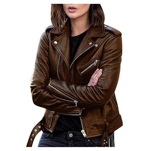 Onsoyours Damen PU Lederjacke Bikerjacke mit Reißverschluss Kurze Jacke Herbst Frühling Lederjacke im Bikerjacke B Braun 5XL von Onsoyours