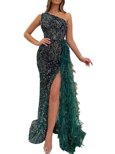 Onsoyours Damen Pailettenkleider Lang Abendkleider Ärmellos EIN Schulter Glitzer Partykleid Sexy Club Maxikleid Cocktailkleid Hoher Schlitz Elegant Feder Hochzeit Ballkleid A Grün 3XL von Onsoyours