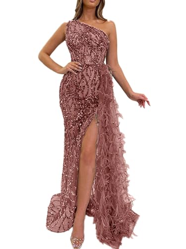 Onsoyours Damen Pailettenkleider Lang Abendkleider Ärmellos EIN Schulter Glitzer Partykleid Sexy Club Maxikleid Cocktailkleid Hoher Schlitz Elegant Feder Hochzeit Ballkleid A Rosa L von Onsoyours