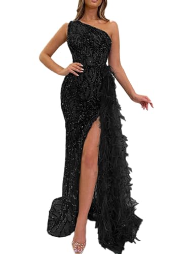 Onsoyours Damen Pailettenkleider Lang Abendkleider Ärmellos EIN Schulter Glitzer Partykleid Sexy Club Maxikleid Cocktailkleid Hoher Schlitz Elegant Feder Hochzeit Ballkleid A Schwarz 3XL von Onsoyours