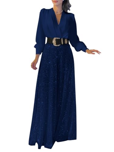 Onsoyours Damen Pailletten Jumpsuit Elegant Langarm Hohe Taille Cocktail Party Festlich Overalls Hosenanzug Playsuit Lang Romper für Hochzeit mit Gürtel A Marine XXL von Onsoyours