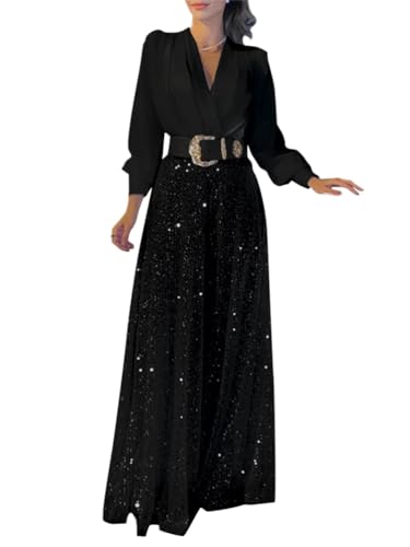 Onsoyours Damen Pailletten Jumpsuit Elegant Langarm Hohe Taille Cocktail Party Festlich Overalls Hosenanzug Playsuit Lang Romper für Hochzeit mit Gürtel A Schwarz L von Onsoyours