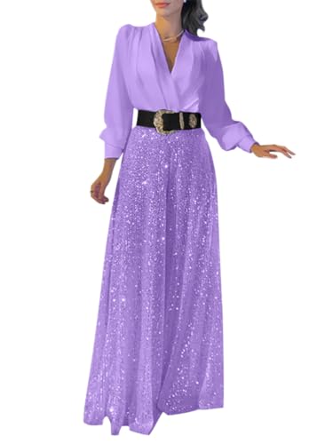 Onsoyours Damen Pailletten Jumpsuit Elegant Langarm Hohe Taille Cocktail Party Festlich Overalls Hosenanzug Playsuit Lang Romper für Hochzeit mit Gürtel A Violett M von Onsoyours