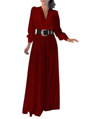 Onsoyours Damen Pailletten Jumpsuit Elegant Langarm Hohe Taille Cocktail Party Festlich Overalls Hosenanzug Playsuit Lang Romper für Hochzeit mit Gürtel A Weinrot XXL von Onsoyours