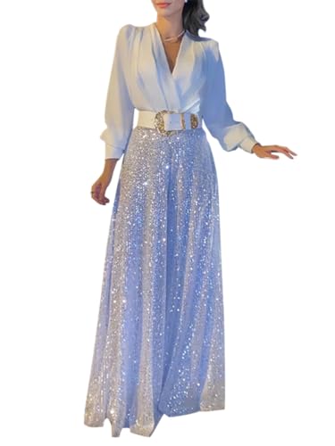 Onsoyours Damen Pailletten Jumpsuit Elegant Langarm Hohe Taille Cocktail Party Festlich Overalls Hosenanzug Playsuit Lang Romper für Hochzeit mit Gürtel A Weiß L von Onsoyours