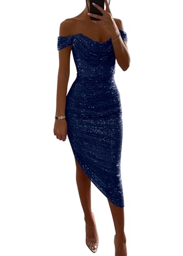 Onsoyours Damen Pailletten Kleid Ärmellos Eckiger Ausschnitt Glitzer Kleid Partykleid Cocktailkleid Mini Kleid A Blau M von Onsoyours