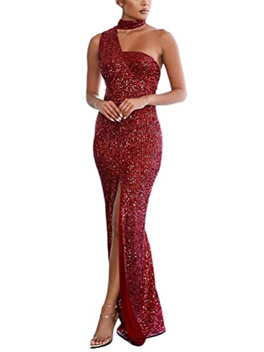 Onsoyours Damen Pailletten Kleid Hohe Taille Kleid Saumschlitz Hochzeit Abendkleider Elegant Langes Kleid Ballkleider Sexy Party Kleider D Rot XL von Onsoyours