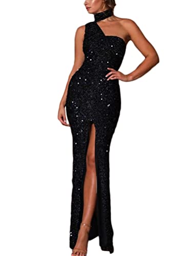 Onsoyours Damen Pailletten Kleid Hohe Taille Kleid Saumschlitz Hochzeit Abendkleider Langarm Elegant Langes Kleid Ballkleider D Schwarz S von Onsoyours