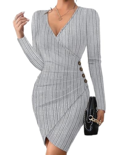 Onsoyours Damen Pailletten Kleid Partykleid Sexy Langarm Pulloverkleid Cocktailkleid Figurbetontes Stretch Freizeitkleid Festlich Minikleid Spitzenkleid Samtkleid Winter Strickkleid C Grau L von Onsoyours