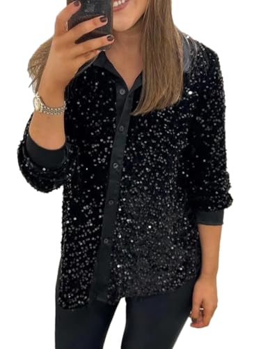 Onsoyours Damen Pailletten Langarmshirt Revers Button Bluse Langarm Elegant Oberteil Lose Hemd Shirt Tunika Glitzer Top A Schwarz 3XL von Onsoyours